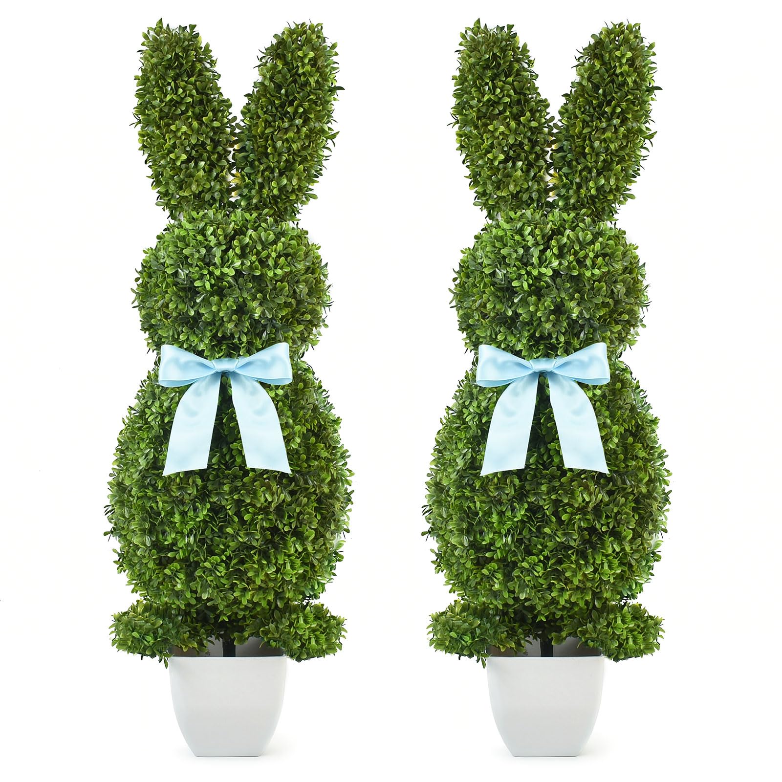 HOYECHI Set of 2 Bunny Topiary Outdoor - 3FT Tall UV-Resistant Artificial Boxwood Bunny Topiary Trees for Easter Porch & Garden Decor
