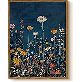 WHASAYART Botanical Floral Canvas Print 12x16 Framed Wildflower Wall Art, Rustic Dark Blue Colorful Flower Artwork, Vibrant Vintage Painting Living Room Kitchen Bedroom Hallway Home Decor