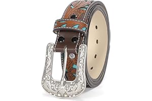 XZQTIVE Women Men Genuine Leather Belt Vintage Ladies Western Belt Engraved Tooled Leather Belt Cowboy Cowgirl Country Belt