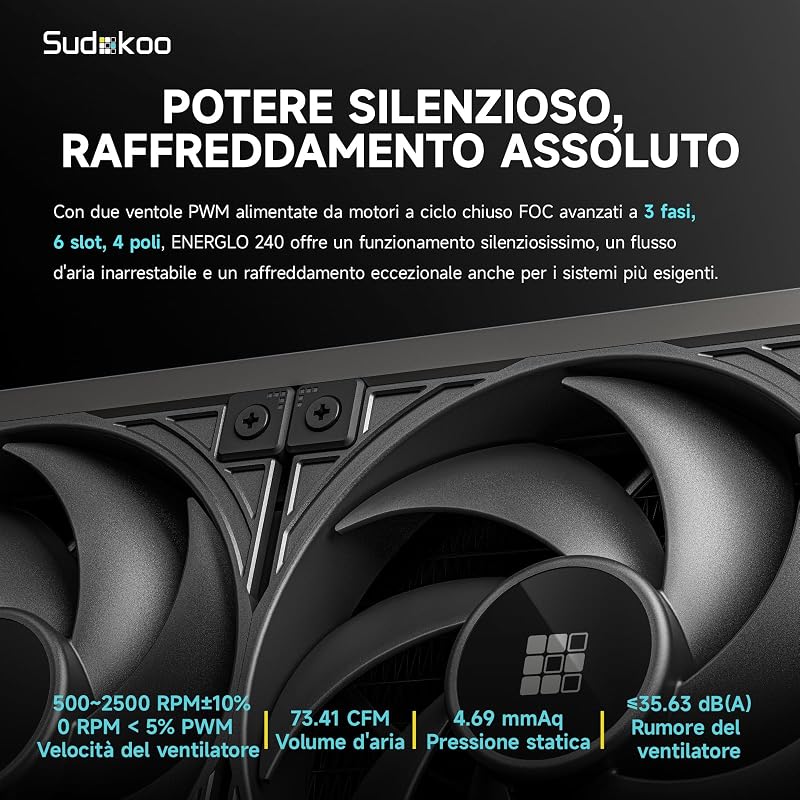 ENERGLO 240 Dissipatore Liquido 240mm: AIO 240mm con Schermo LCD a Segmenti - Raffreddamento Liquido PC con Due Ventole PWM FDB & Pompa 2500-3400 PWM, Intel LGA1851/1700/1200/115X AMD AM5/AM4