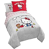 Jay Franco Sanrio Hello Kitty Twin Size Comforter Set - 5 Piece Red & Grey Bedding Includes Sheet Set & Pillow Covers - Super Soft Cozy Kawaii Bedding