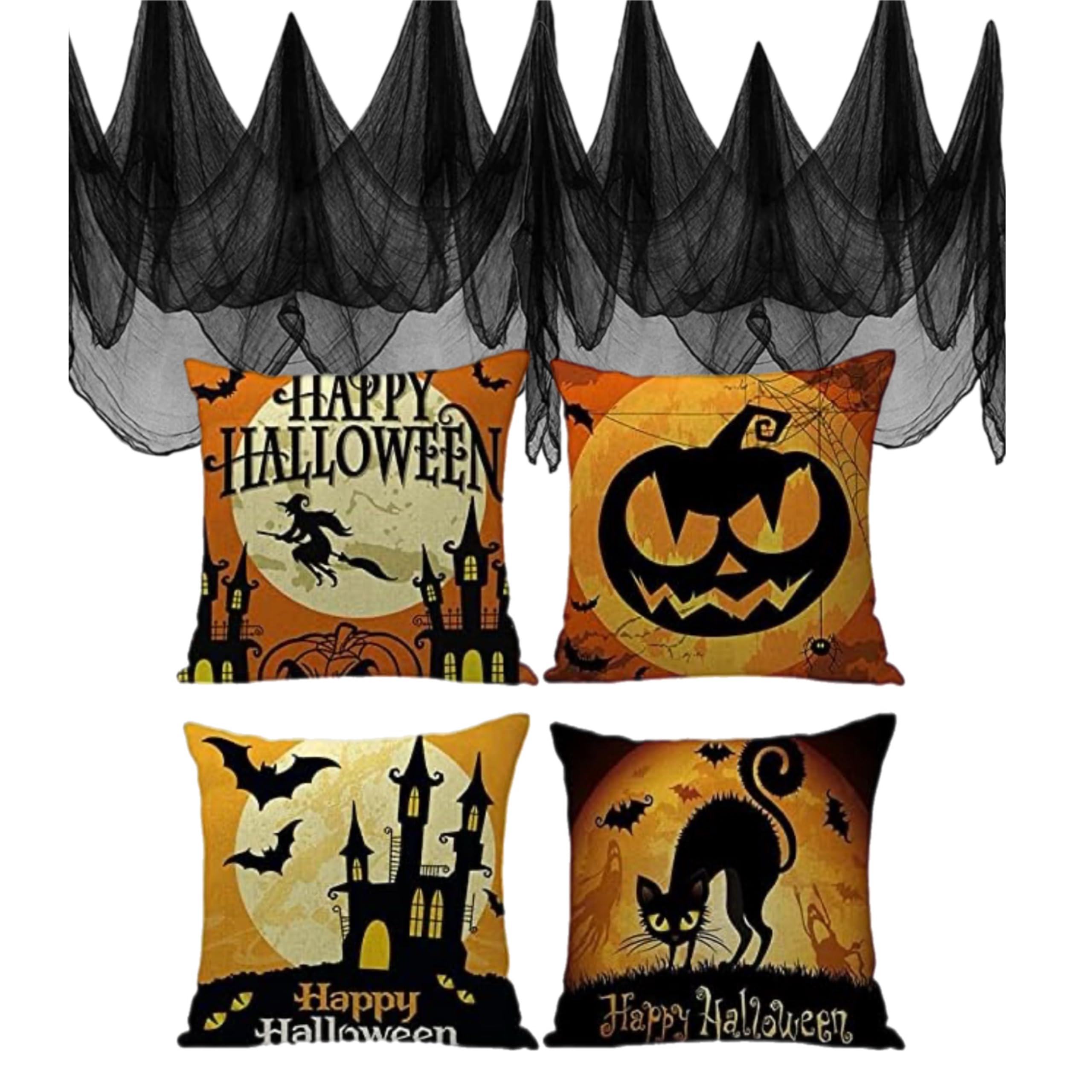 eBoutik - 4 Pieces Halloween Pillow Case - Spooky Sofa Linen Halloween Bed or Sofa Cushion Covers - Spooky Halloween Decoration (Happy Halloween)
