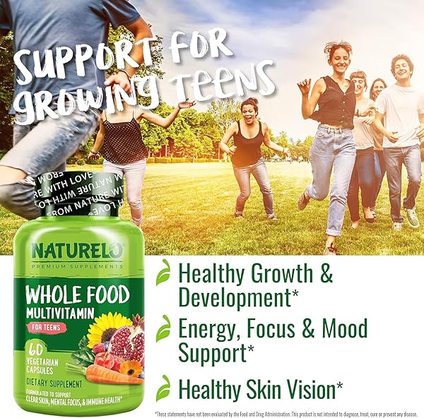 NATURELO TEEN MULTIVITAMIN – WHOLE FOOD MULTIVITAMIN – WITH MINERALS FOR TEENAGE BOYS & GIRLS – SUPPLEMENT FOR ACTIVE KIDS – NON-GMO – VEGAN & VEGETARIAN – 60 CAPSULES