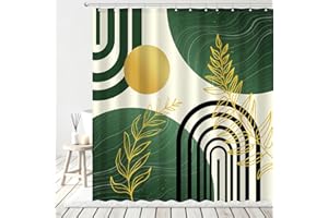 AMLabubu Boho Mid Century Shower Curtain, Modern Minimalist Sun Abstract Plant Gold Leaves Aesthetic Bathroom Decor, Polyester Cloth Fabric Bath Curtain with 12 Hooks (Green, 72" W x 72" L)