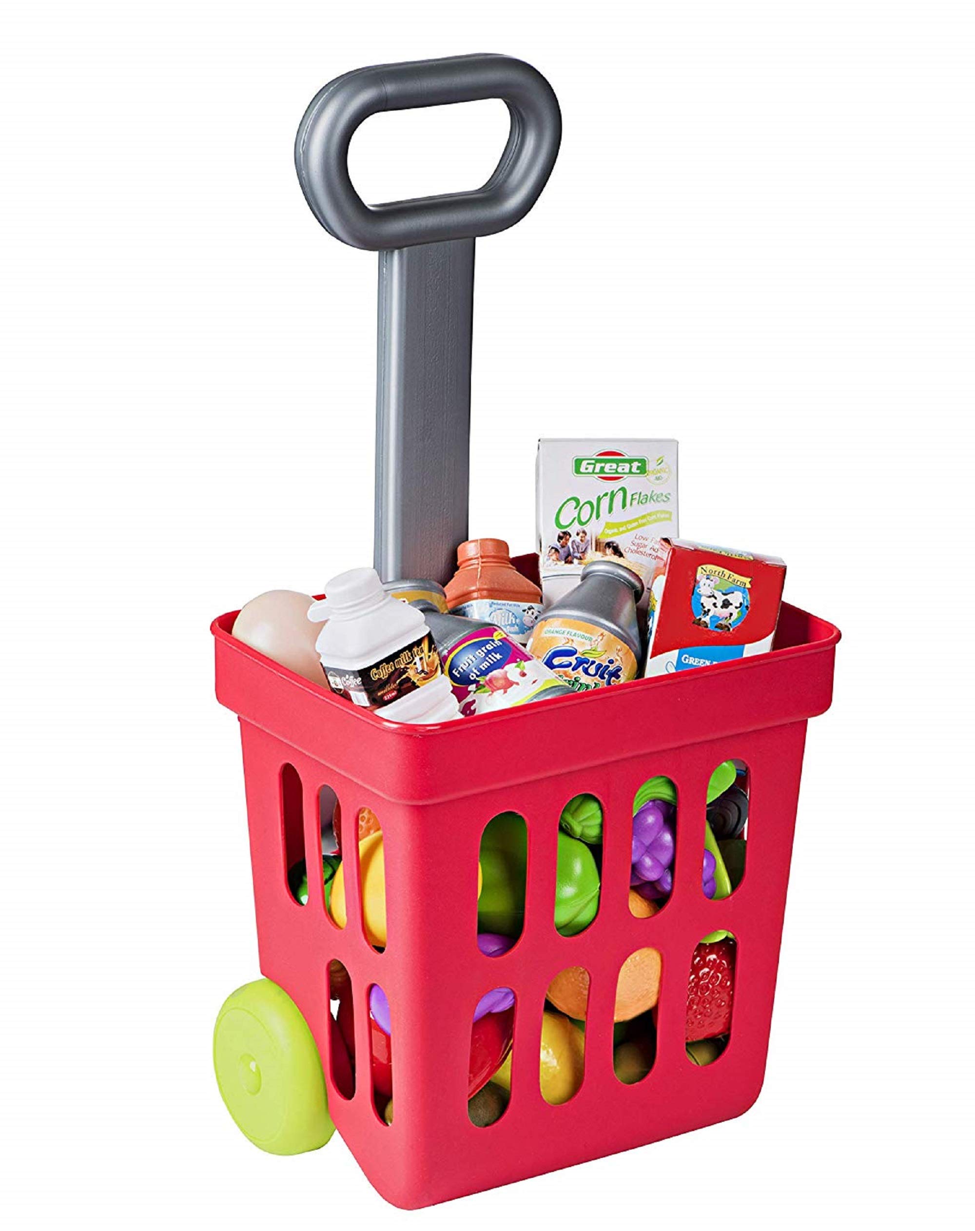 Playkidiz Playkidz Toddlers Shopping Cart - Fill and Roll Grocery Basket - 24 Piece Small Size Toy Shopping Basket and Pretend Food Playset, Toys for Toddlers Age 3 Years and Up