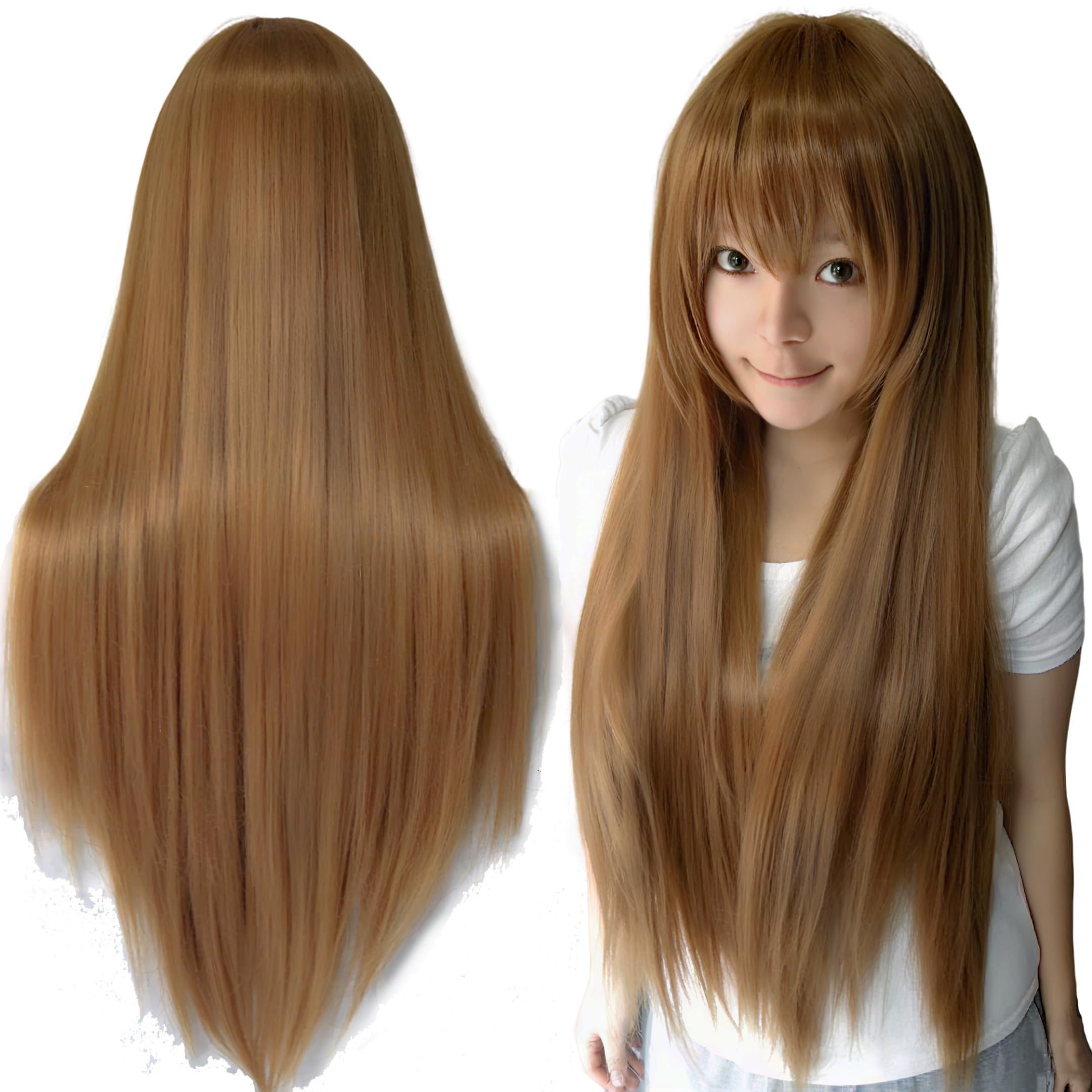 IMISSU 80cm Long Straight Natural Hair Cosplay Wigs with Bangs Colorful Halloween Costume Party Wig for Girl (Brown)