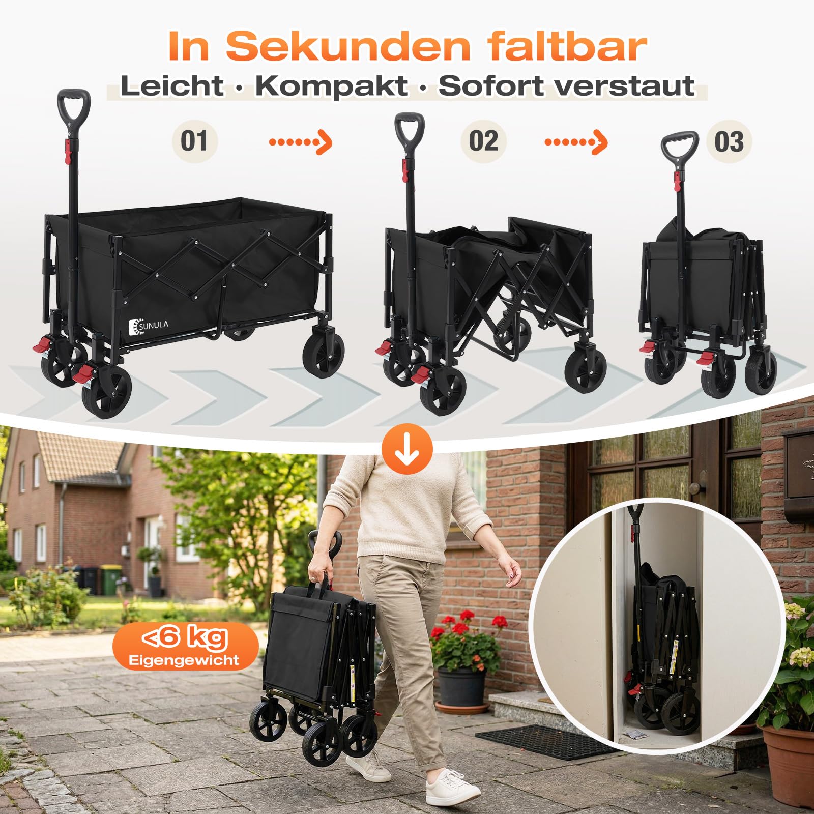 SUNULA Bollerwagen Faltbar Klein 80L 100KG, Faltbarer Bollerwagen Klappbarer Handwagen mit Halbiertem Eigengewicht, Faltbollerwagen Geländegängig mit Bremsen, Schwarz 4