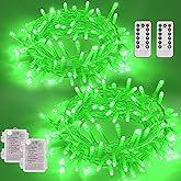 YEGUO Christmas Lights Battery Operated, 2 Pack Each 33ft 100 LED Green String Lights Outdoor Waterproof, Clear Wire Fairy Light Indoor with Remote