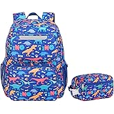 BrainyBees 2pcs Kids Backpack for Boys 4-7 with Insulated Front Pocket, 15 Inch Backpack with Snack Bag, Kindergarten Bookbag Fits Folders, Reflective Safety Strips, Blue Dinosaur