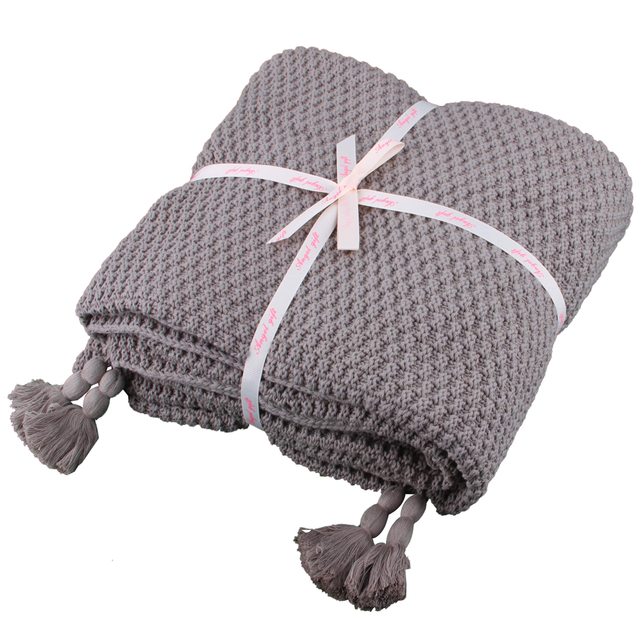 SHADDOCK Tassel Knit Throw Blanket 130x180cm Ultra Soft Natural Premium Cotton Blanket Home Decor Bedding Blankets with Handmade Tassels for Couch Sofa Bed Beach Picnic (Gray)