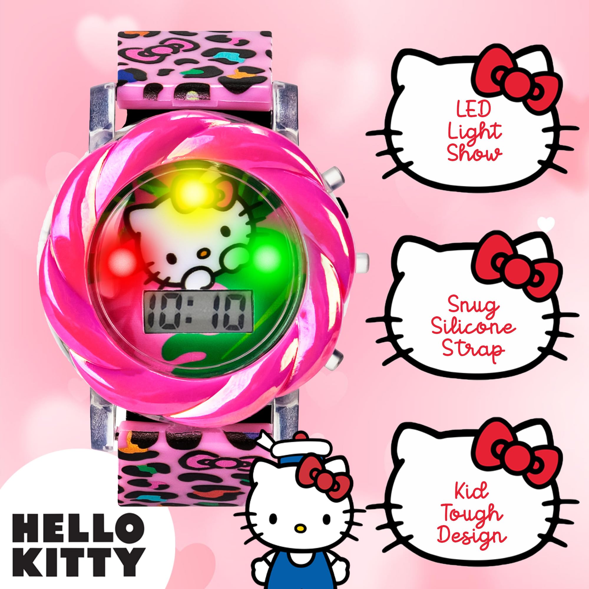 Accutime Hello Kitty LCD Watch for Girls with Flashing LED Lightshow - Vivid Pink Strap, Iconic Hello Kitty Design, Fun Time-Teaching Accessory