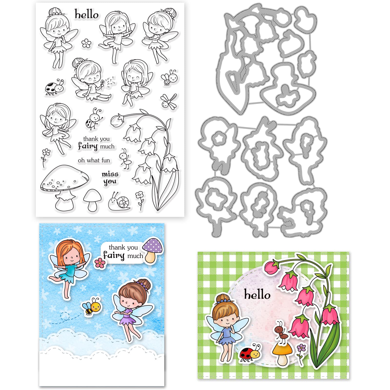 INFUNLY Fairy Clear Stamps and Dies for Card Making Bee Flowers Silicone Stamps Mushroom Cutting Dies Cartoon Girls Transparent Stamp Words Die Cuts for DIY Craft Scrapbooking Crafts Album Decor — image 1