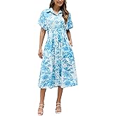 Ladyful Womens Button Down Shirt Dress Flowy Floral Printed Midi Dress Casual Short Sleeve Summer A-line Shirtdress