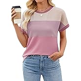 Cakrisyal Womens Color Block T Shirts Tops Fashion Short Sleeve Crewneck Knitted Spring Summer Casual Loose Fit