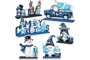 Capoda 6 Pcs Christmas Table Decorations Wooden Christmas Table Centerpieces Xmas Snowman Santa Claus Gnome Signs Merry Xmas Toppers for Holiday Party Supplies(Blue, Black)
