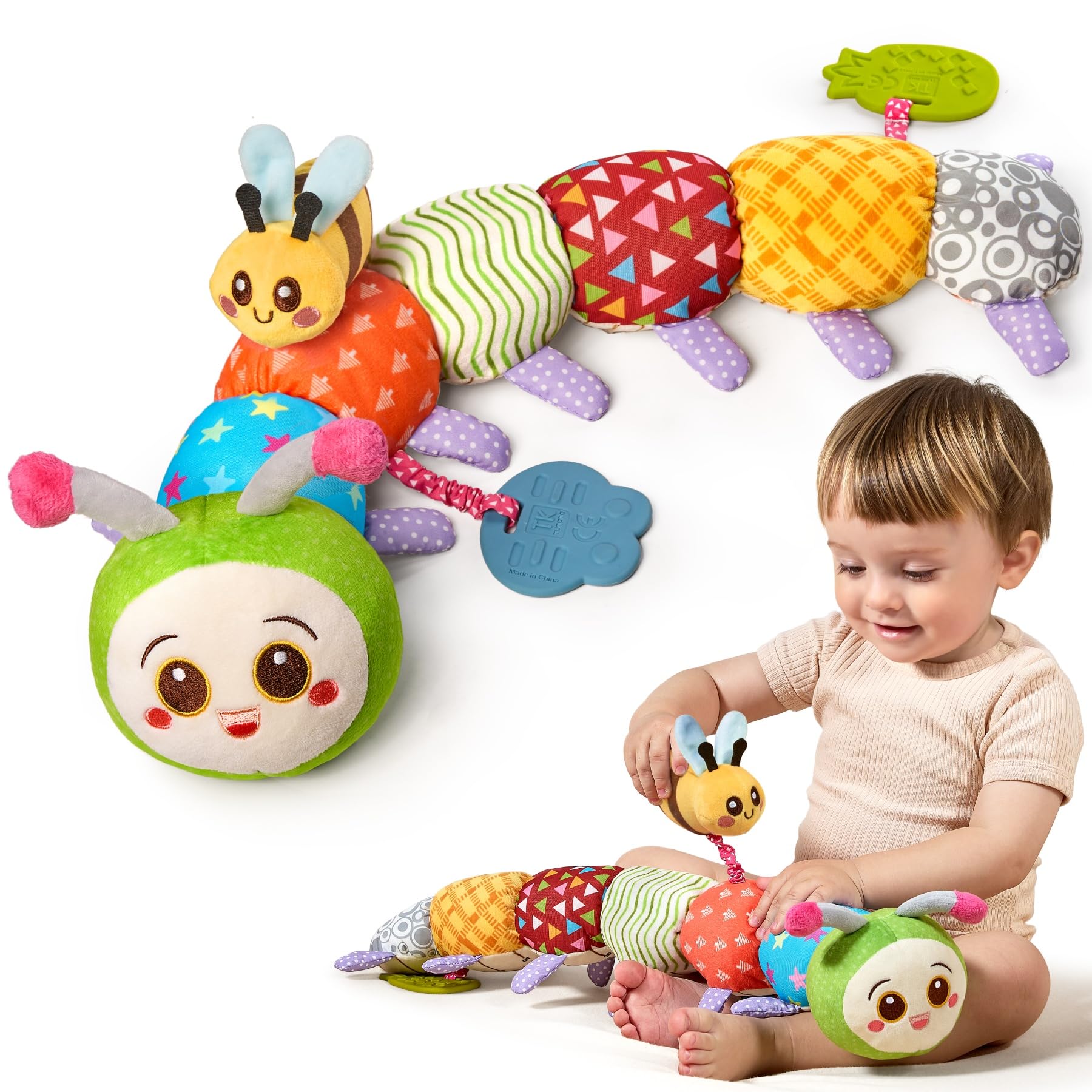 TUMAMA KIDS Colourful caterpillar baby toy with rattles, crackles, squeakers and teething rings - perfect for your baby's sensory development