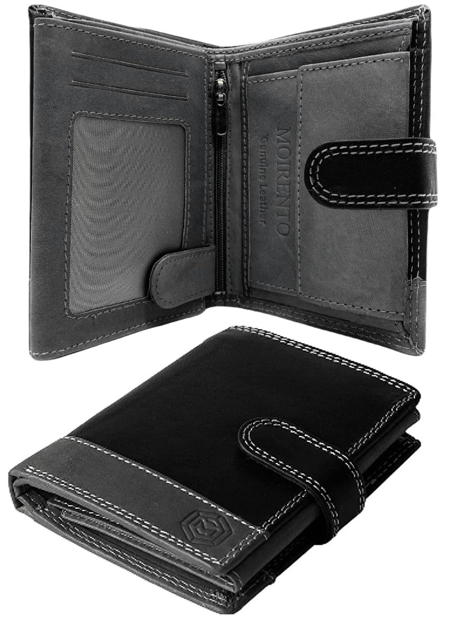Genuine Leather Mens Wallet - Black Grey, Vertical Book Style, RFID Blocking Wallet with 7 Card Slots, Coin Pocket, Banknote Storage, Photo ID Holder - Wallets for Men UK, Men's Card Organizer 3013GB