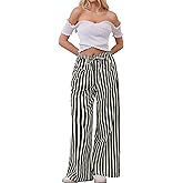 AIHUKOCY Women Drawstring Stripe Wide Leg Casual Trousers Striped Low Rise Casual Loose Lounge Pants with Pockets
