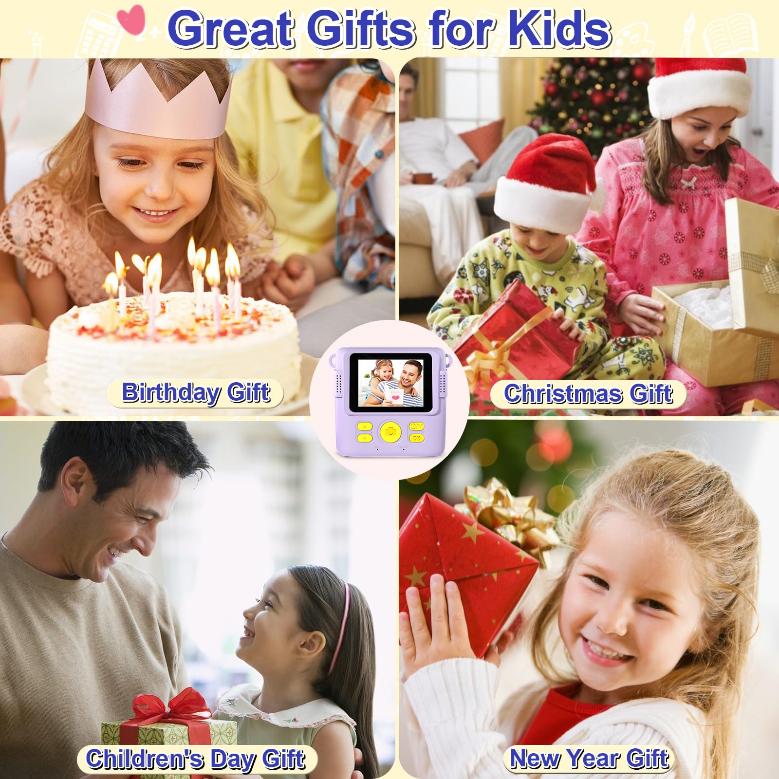 Instant Print Camera for Kids - 1080P HD Instant Print Photo - Christmas Birthday Gifts for Age 4 5 6 7 8 9 10 Girls Boys - Portable Toy with 3 Rolls Photo Paper, 5 Color Pens, 32GB Card - Purple