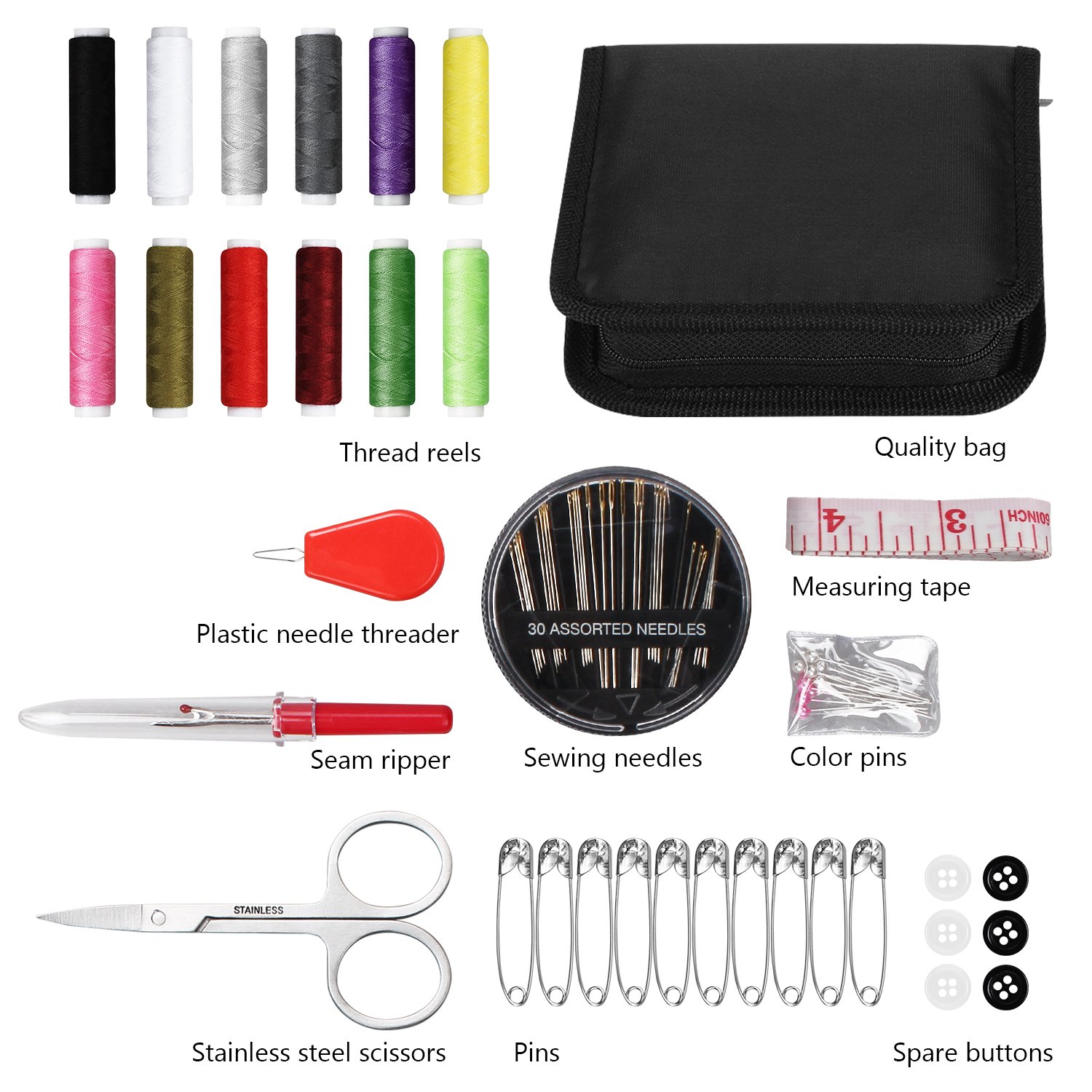 JUNING Kit de costura Accesorios de costura 73PCS, 12 carretes de hilo - Kit de costura premium de formato grande 50m con bolsa de transporte