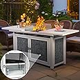 BOVONO 42inch Propane Fire Pit Table, Rectangular Gas Firepit Table with Removable Desktop,2 Tier Storage Shelves, Tempered Glass and Rain Cover for Garden, Patio & Backyard (White)