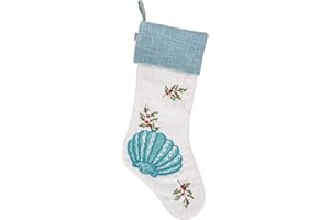 NATIONAL TREE COMPANY HGTV Home Collection Unlit Embroidered Blue Shell Stocking with Hanging Loop, Unlit, HGTV Home Collection, White, 20 in