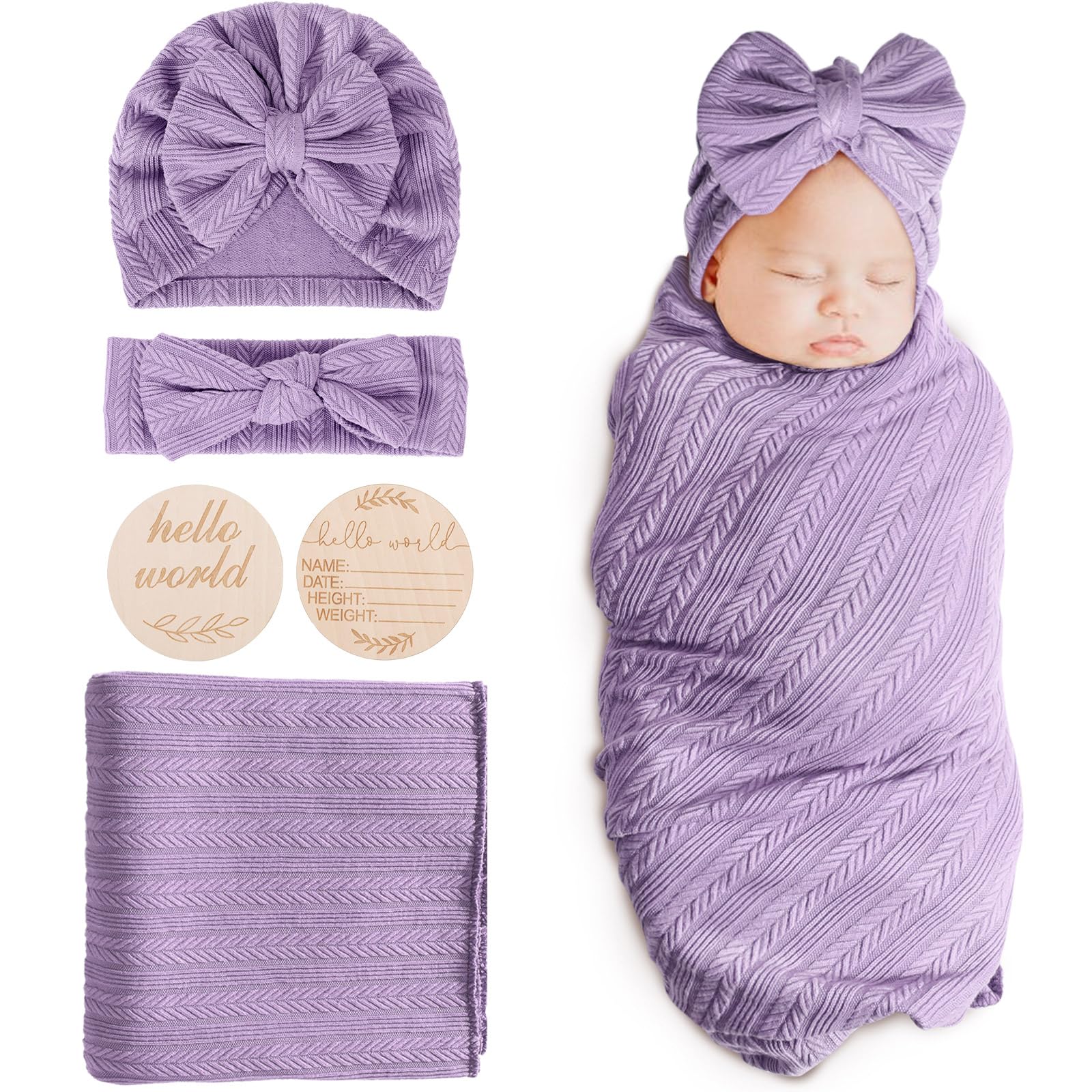 DRESHOW Newborn Baby Blanket Soft Swaddle Blankets for Infant Swaddling Receiving Warm Wraps with Bow Hat Headband