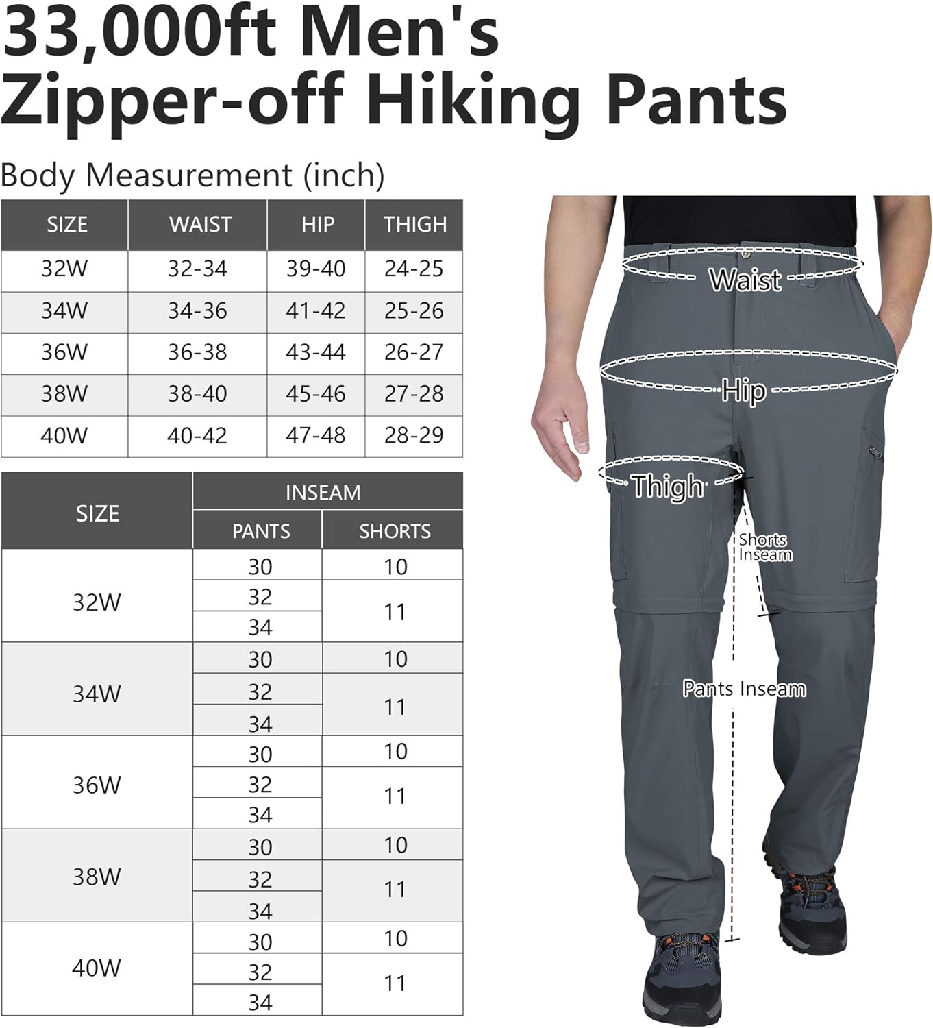 33,000ft Men's Convertible Hiking Pants, Quick Dry Stretch Zip-Off Pants, Lightweight Cargo Pants for Camping, Fishing: Clothing