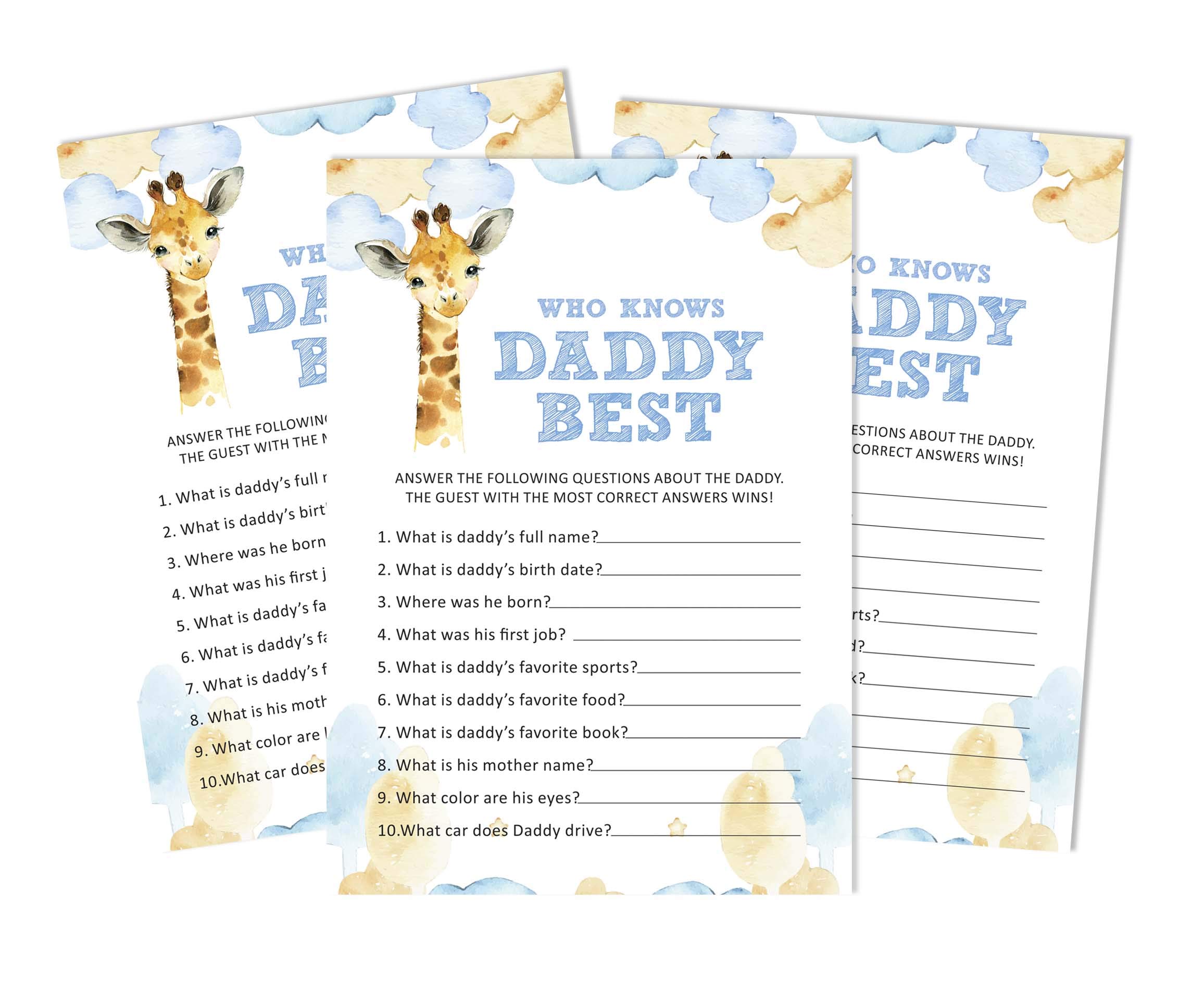 Inkdotpot Giraffe Jungle Animals 50 Pack Who Knows Daddy Best Baby Shower Game Cards Fun Activity Cards