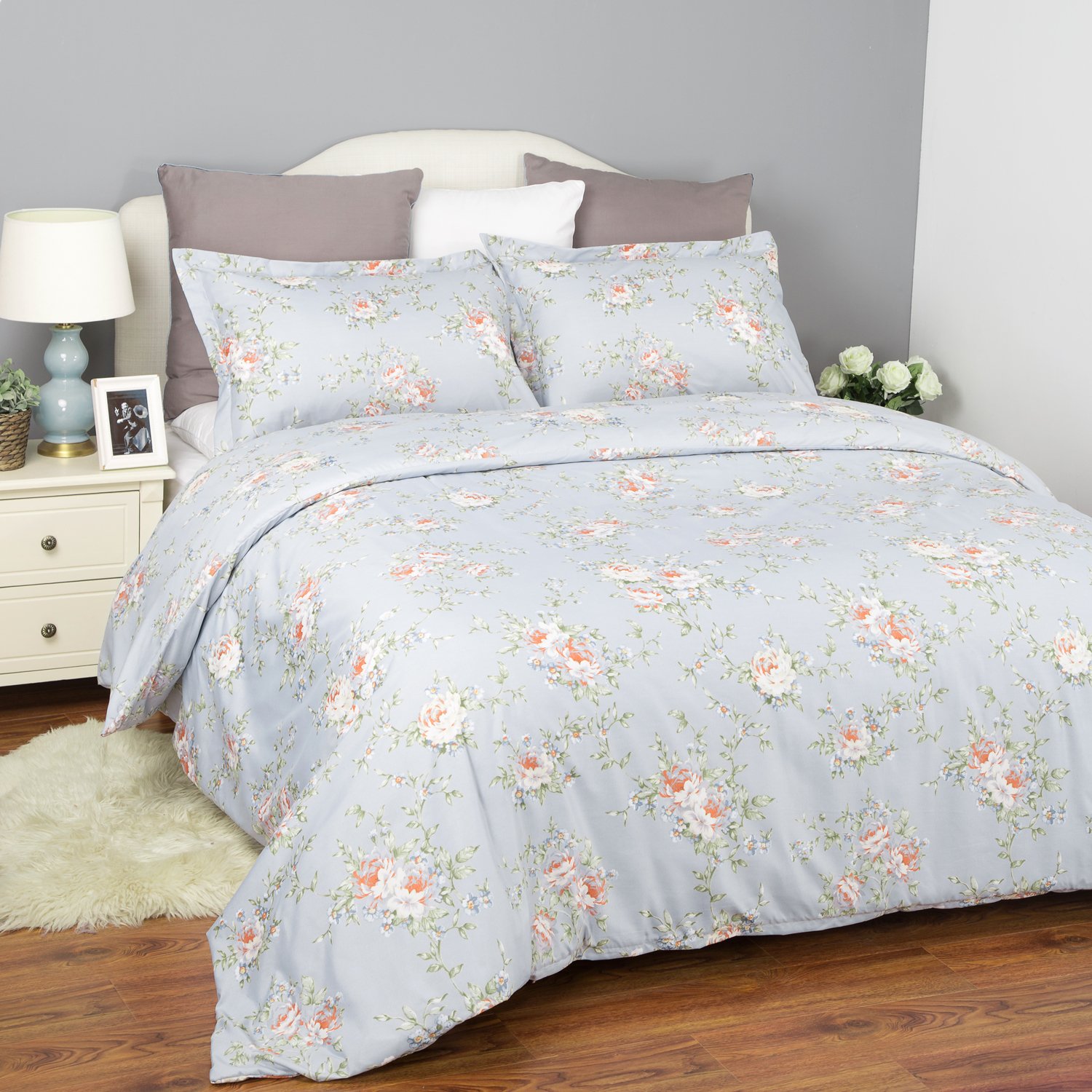Bedsure Flower Bedding Set Printed Duvet Cover Set with Zipper Closure-White Floral Design,Full/Queen (90\
