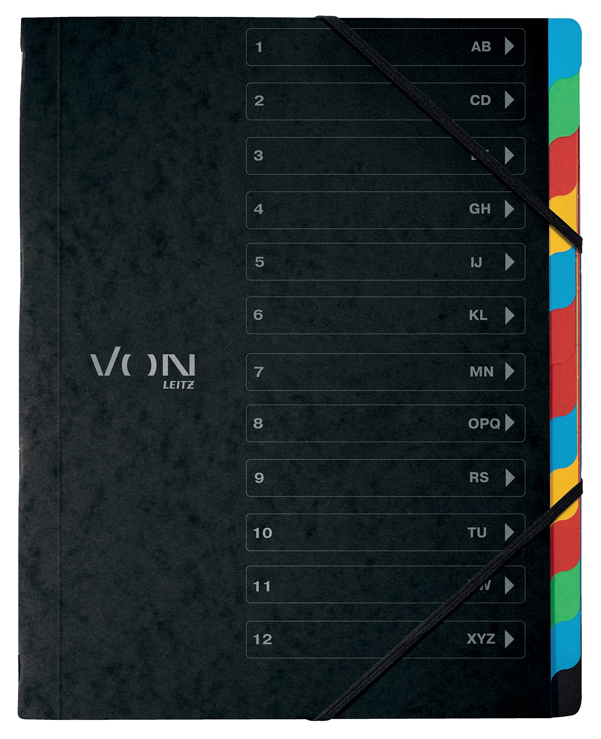 VON Leitz 30150095 Pack of 5 A4 Folder with 12 Compartments, Project Folder with Coloured Plastic Tabs, Lightweight Cardboard Document Tray, Elastic Closure, Black