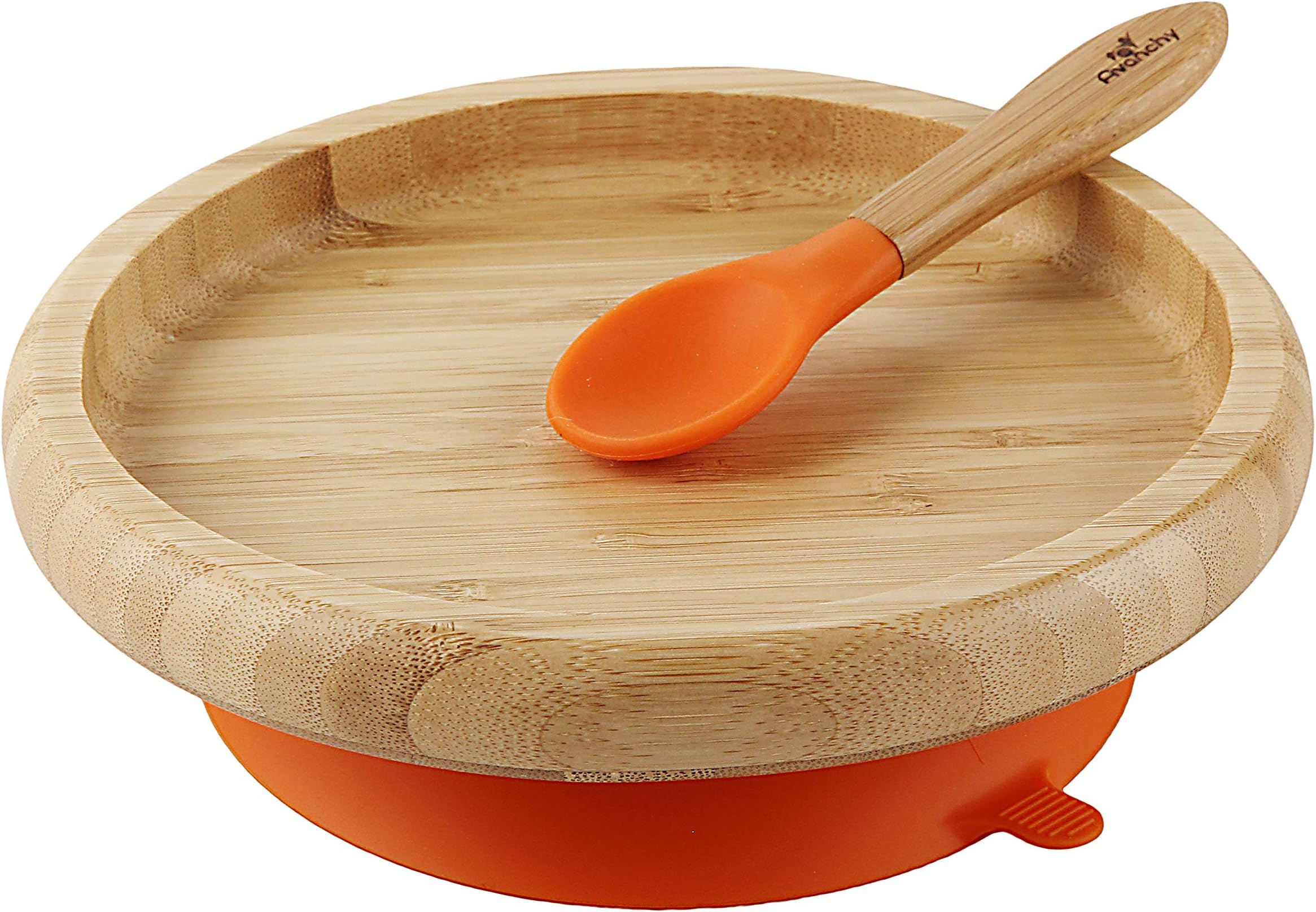 Avanchy Classic Baby Plates Non Divided Bamboo with Suction for Babies Kids Toddler Food with Silicone Spoon for Feeding, Orange