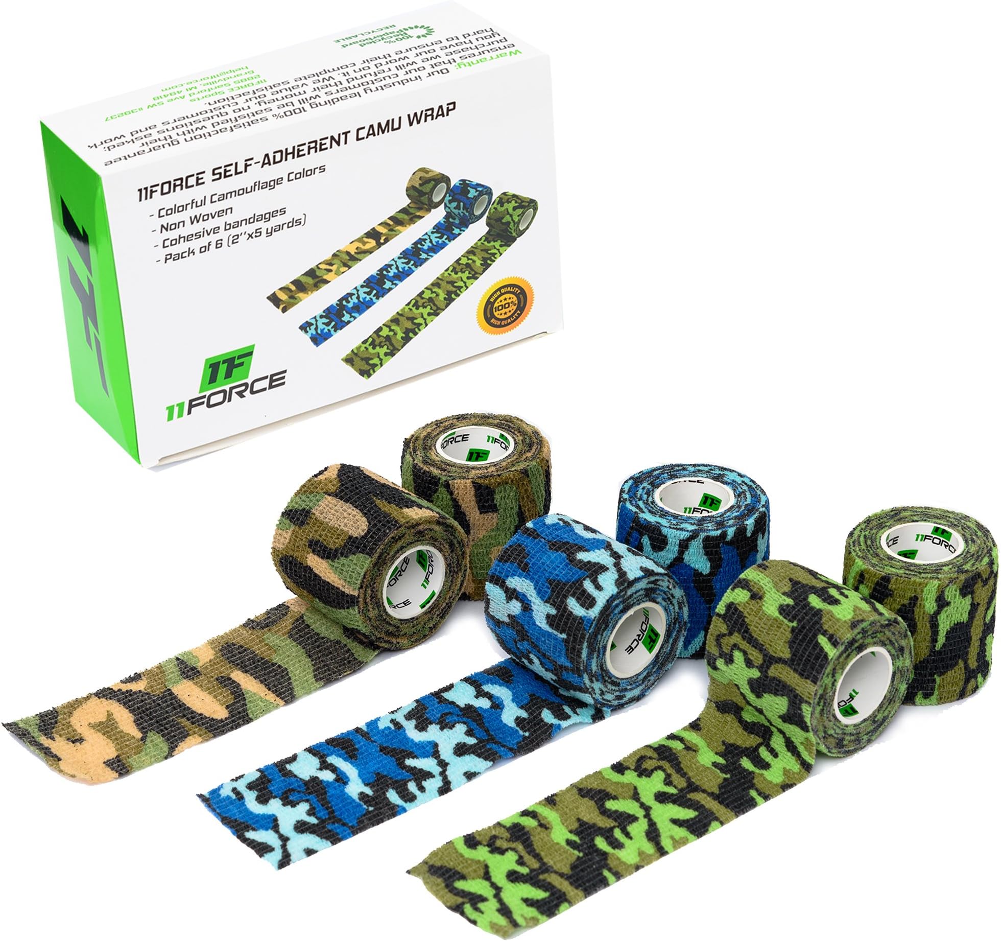 11FORCE Self Adherent Cohesive FDA Approved Bandage 2in x 5 yards for Medical Care, Compression Wrap, Vet Tape and Waterproof Protection Purpose, Hunting Gear, Support for Wrist, Ankle, Bulk pack of 6