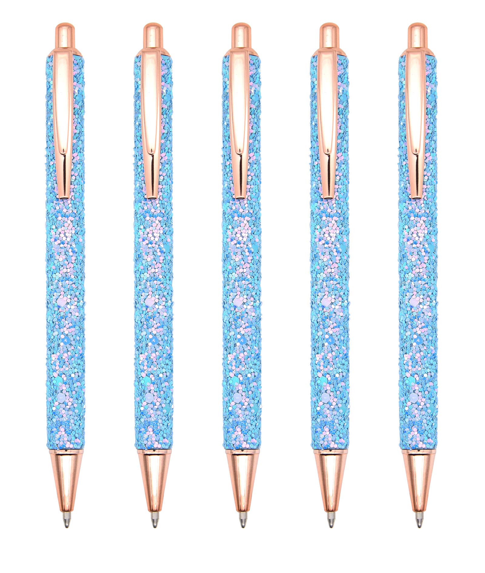 Gullor 5PCS Ballpoint Pens, Glitter Click Ball Pens, Black Ink Medium Point 1mm, for Office Supplies Gift Wedding Birthday, Blue