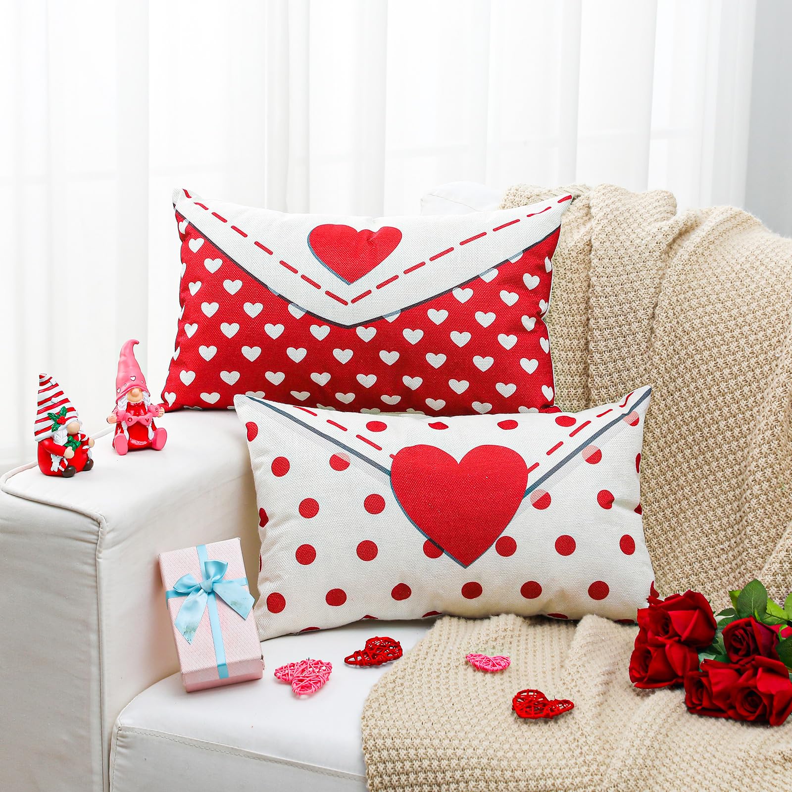 Photo 1 of **PARTIAL SET ONLY 1 / POLKA DOT CASE** Memorywuu 2 Pcs Valentines Day Pillow Cover 12 x 20 Inch Envelope Throw Pillow Cover Red Heart Polka Dots Farmhouse Cushion Case Anniversary Wedding Cushion Case Decoration Gifts for Sofa Couch Bed