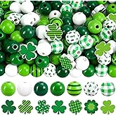 Whaline 207Pcs St. Patrick' s Day Wooden Beads Round Loose Bead Green Stripe Plaid Polka Dot Shamrock Shape Craft Beads for DIY Making Bracelet Necklace Irish Holiday Home Decor