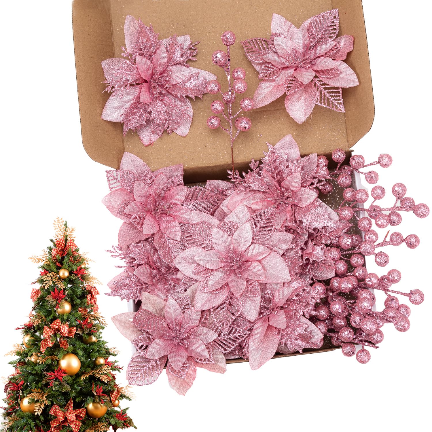 Photo 1 of 24 Pcs Pink Boxed Christmas Poinsettia Flowers Set, 16 Pcs Artificial Poinsettias with Clips, 8 pcs Glitter Christmas Tree Ornaments Berry Stems for Wedding Home Holiday Xmas New Year Decorations