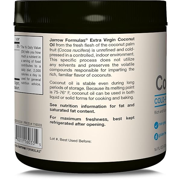 JARROW FORMULAS 100% ORGANIC COCONUT OIL, SUPPORTS CARDIOVASCULAR HEALTH, EXTRA VIRGIN, 16 OUNCE