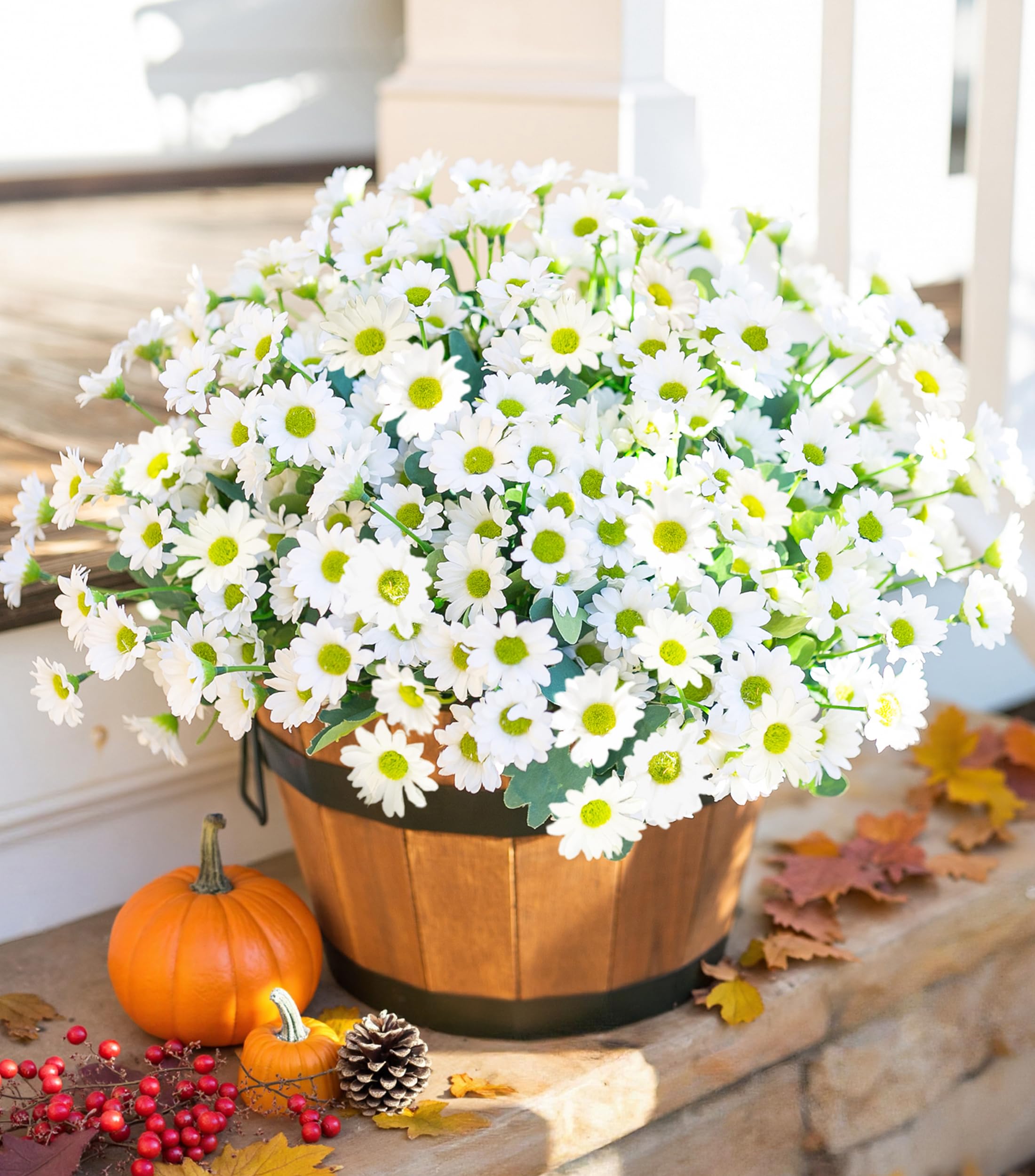 Photo 1 of Daisy Artificial Flowers for Outdoors Fall Autumn Decoration, 6 Bundles Fake Mums White Silk Flowers for Outside Look Real UV Resistant Faux Flowers Plants for Planter Front Door Home Indoor Porch Urn