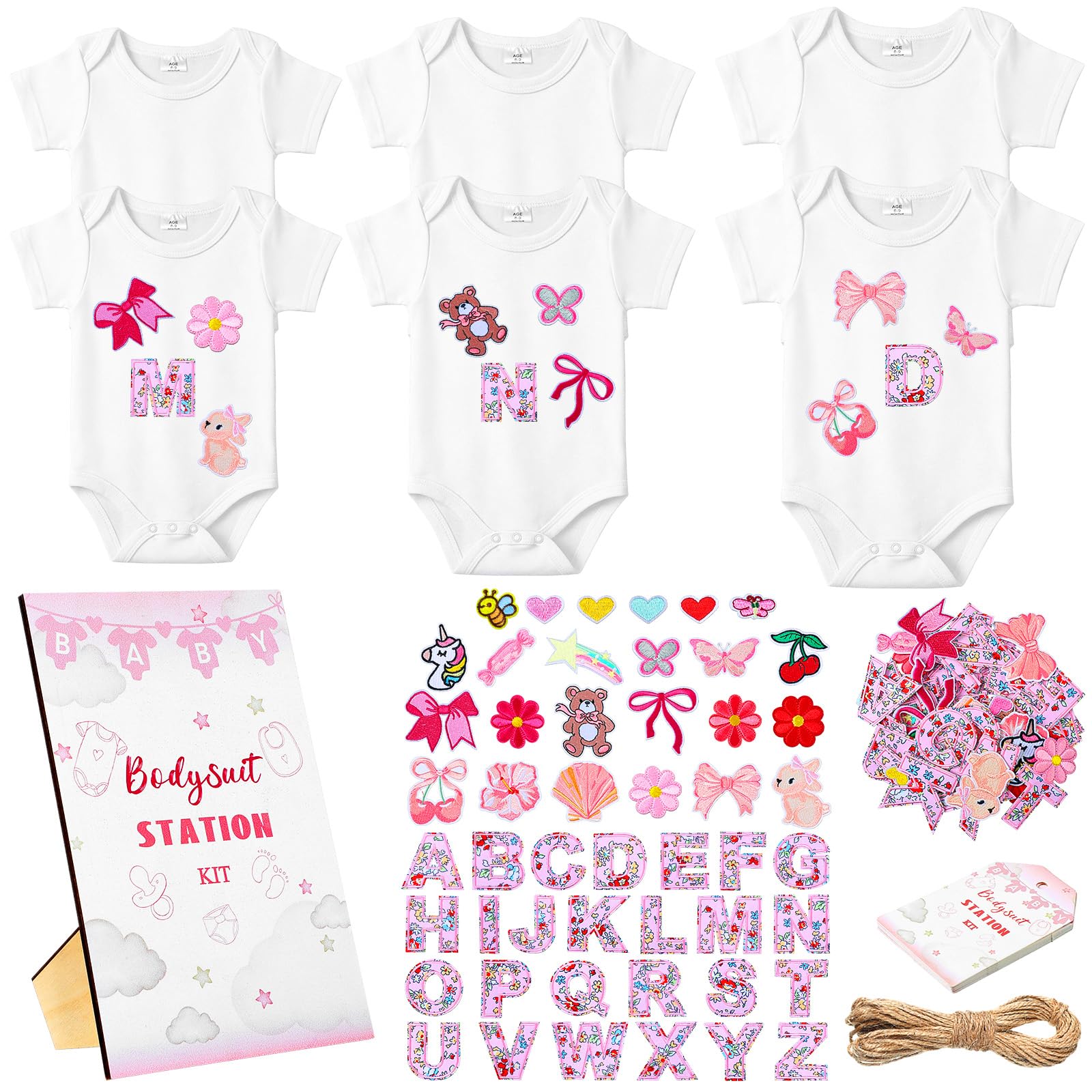 Photo 1 of 68 Pcs Baby Shower DIY Bodysuit Set Iron on Patches for DIY Baby Newborn Bodysuit with Game Sign Pink Embroidered Patches White Decorating Kit for Girl Shower Games Gender Reveal Crafts