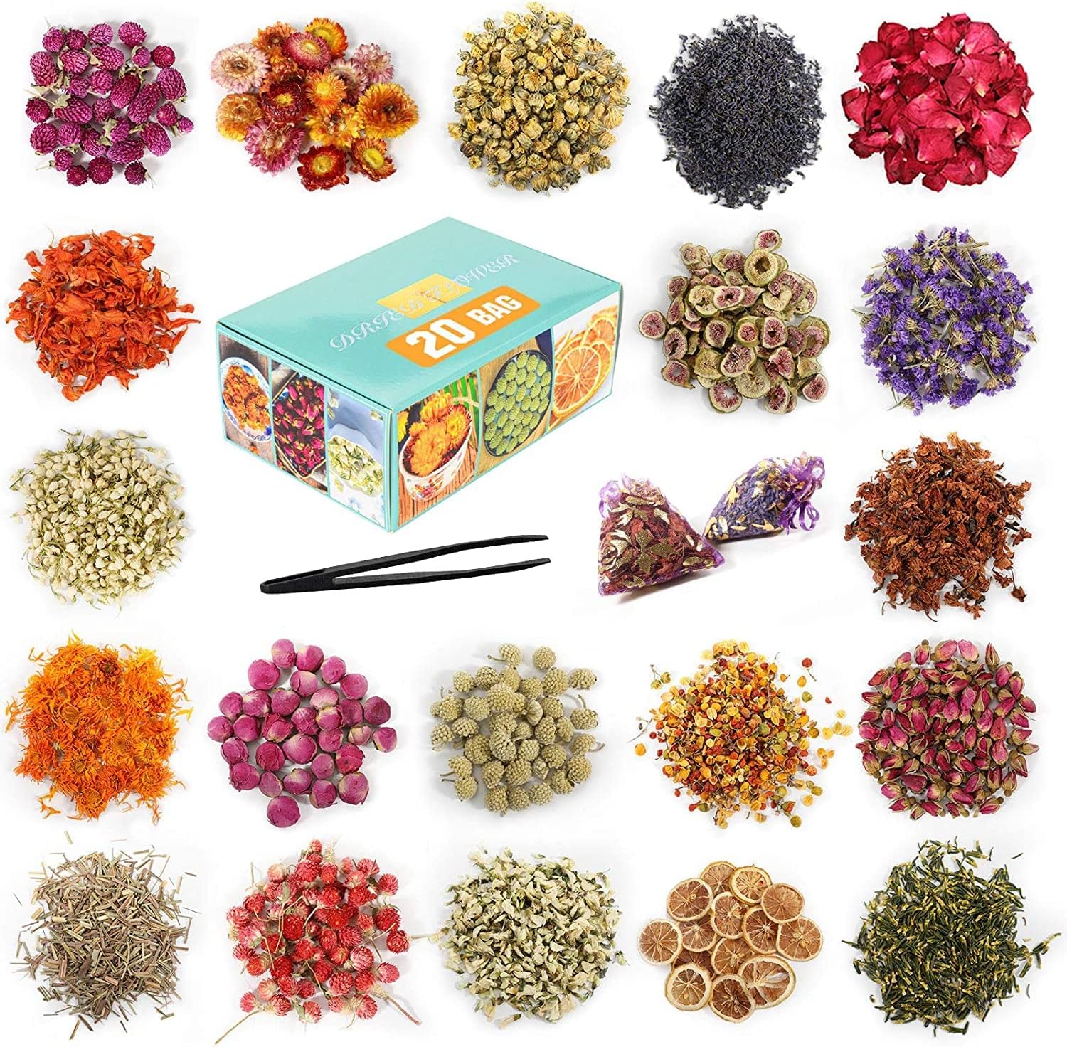 Dried & Preserved Flora - 20 Bags Dried Flowers,100% Natural Dried Flowers Herbs Kit for Soap Making, DIY Candle Making,Bath - Include Rose Petals,Lavender,Don't Forget Me,Lilium,Jasmine,Rosebudsand More