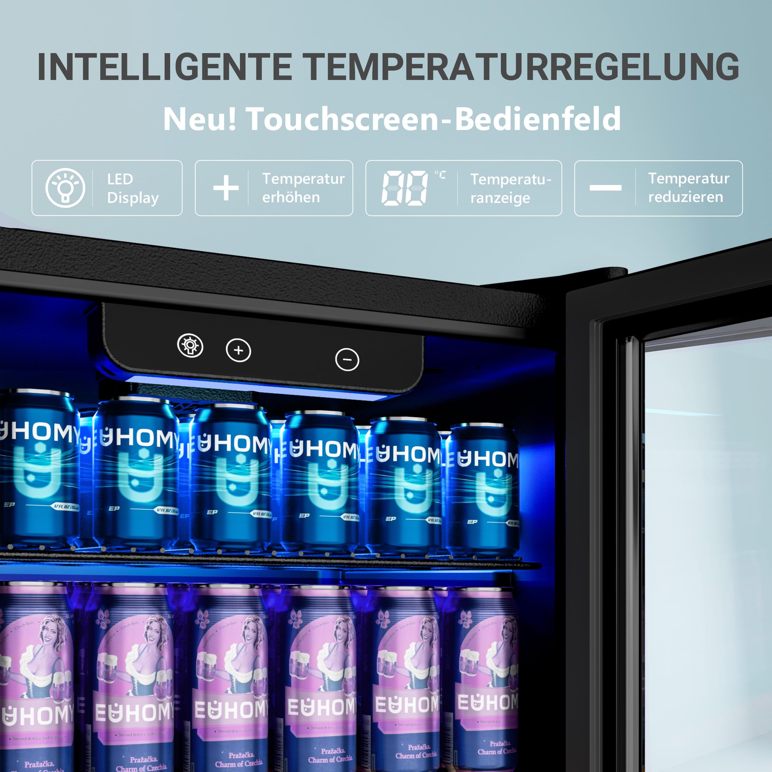 EUHOMY 90L Getränkekühlschrank, Mini-Kühlschrank für 126 Dosen mit Glastür, kleiner Kühlschrank mit verstellbaren Regalen für Limonade, Bier oder Wein, für Zuhause/Bar/Büro, Schwarz Edelstahl 4