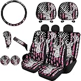 FKELYI Universal Car Seat Covers Set Pink American Flag Camo Deer Hunting Gear Shift Cover/Handbrake Cover/Steering Wheel Cover/Cup Coasters/Headrest Cushion Pads for Women Ladies