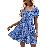 Heysolo Womens Boho Floral Smocked Square Neck Short Sleeve Ruffle Beach Summer Mini Dress
