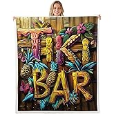Erosebridal Tiki Bar Sherpa Blanket Tropical Hawaii Theme Fleece Blankets Colorful Tiki Pattern Throw Bed Blankets Throw 50"X60" for Kids Boys Girls,Retro Wooden Board Fruit Pineapple Fuzzy Blanket