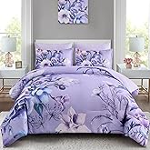 Luxudecor Lavender Purple Floral Comforter Set Queen Size 7 Piece, Flower Bed in a Bag, Elegant Comforter with Sheet Set, Soft Microfiber Bedding Set for All Season (Lavender, 90"x90")