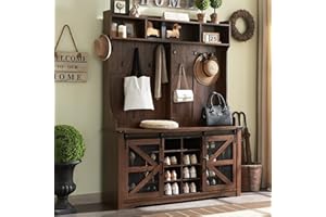 JXQTLINGMU 59" Farmhouse Hall Tree with Shoe Storage, Entryway Bench with 20 Cubbies, 12 Hooks & Sliding Barn Doors, Mudroom Coat Rack Cabinet, Brown