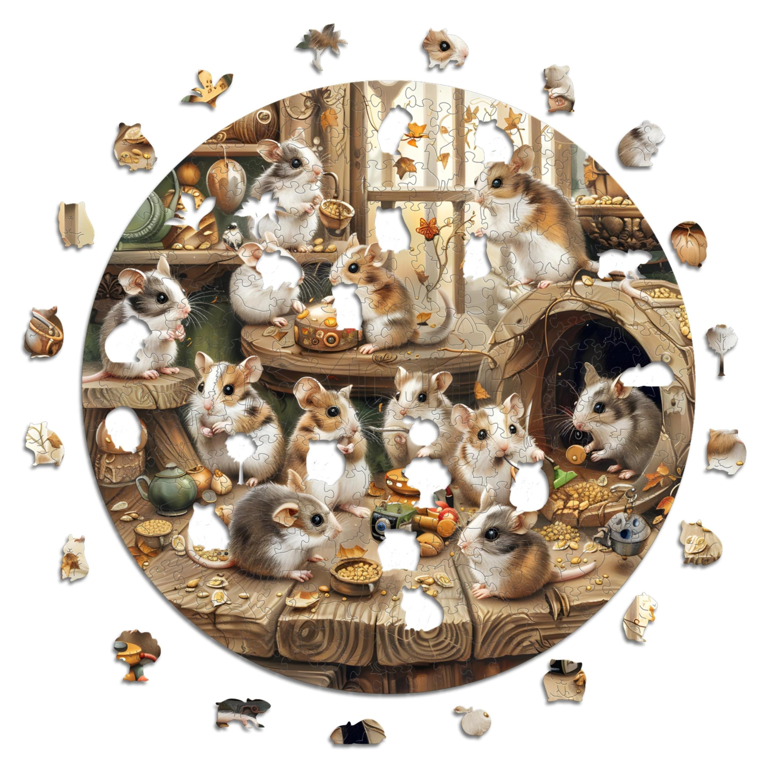 Iconic Puzzles - Curious Hamsters, fantasy animals, 100% sustainable wooden puzzle, Gifts for Children and Adults, size M, 350 Pieces, Bright Colors
