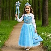HHYTOKKI Princess Dress for Girls, Halloween Snow Cosplay Costume with Long Cape 3-10 Years Birthday Party Gloves Bag Crown