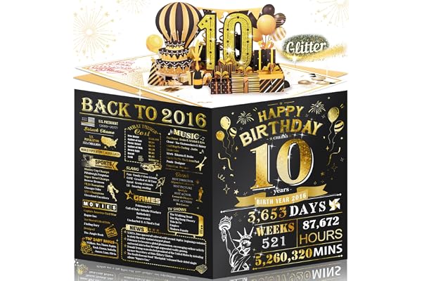10th Birthday Card for Boy Girl, 3D Pop Up & Large 10th Birthday Gifts for Son Daughter, Back to 2016 Happy 10 Year Old Birthday Decorations for Granddaughter, Grandson, Niece, Nephew, Black Gold